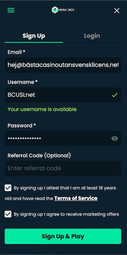Skapa konto på Mega Dice